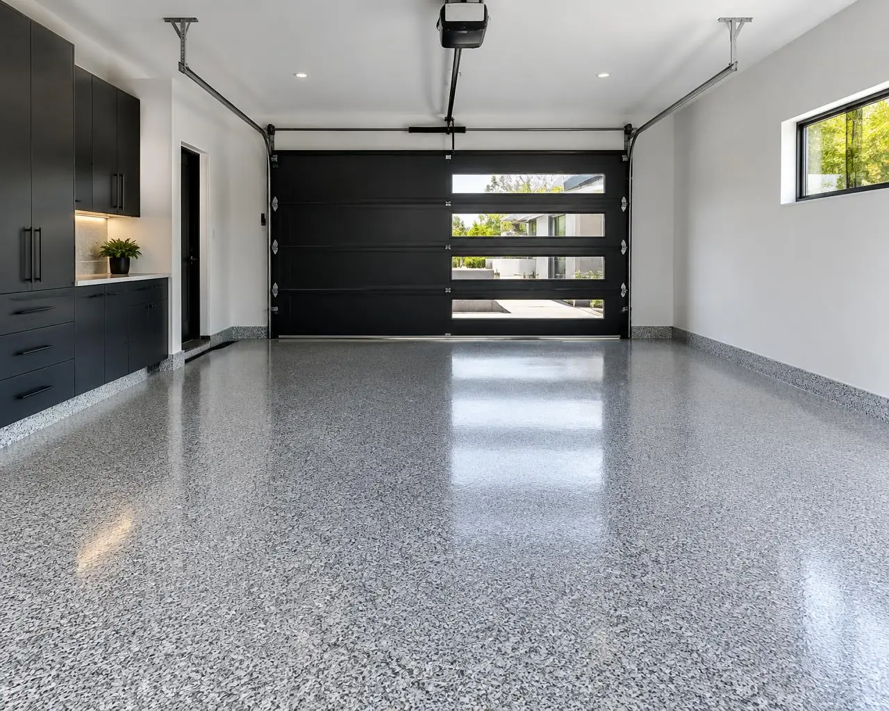 Epoxy flake garage floor with a glossy seamless finish