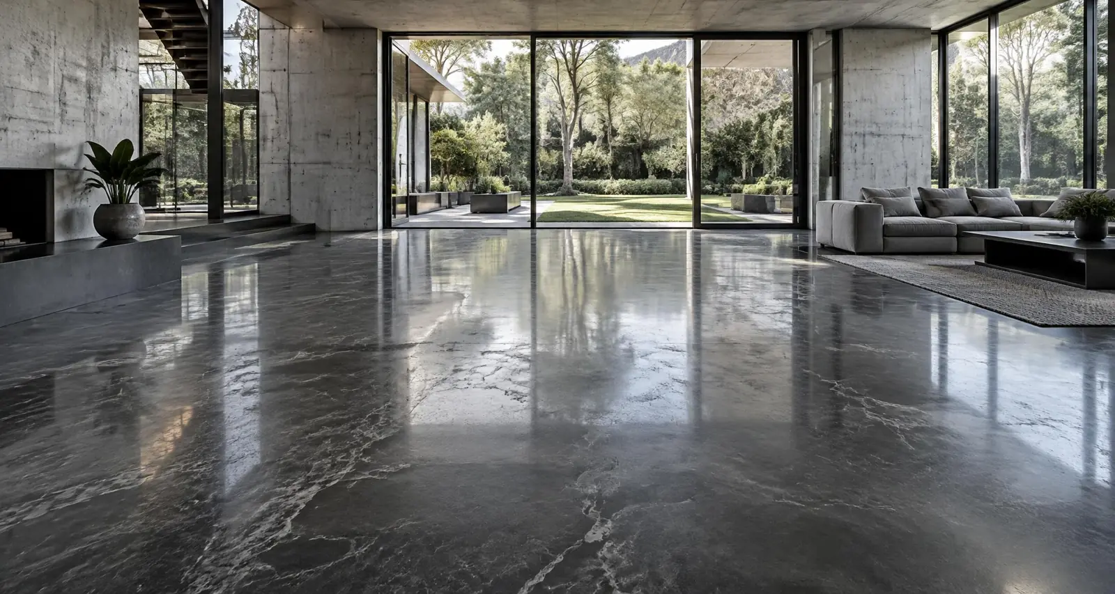 Silver-grey metallic epoxy floor in a contemporary open-plan interior